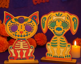 Archivo de corte láser Día de Muertos | Perro y Gato Calavera corte laser mdf 3mm | Decoración Ofrenda | DXF SVG ai pdf