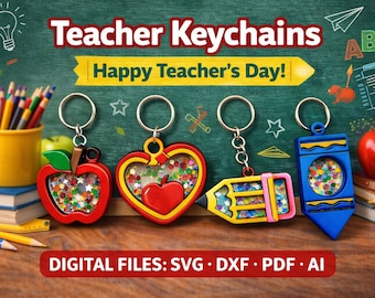 Teacher Keychains Bundle | Teacher Gift Laser Cut Files | Apple Pencil Crayon Shaker Keychain SVG | DXF pdf ai | Teacher Appreciation Gift
