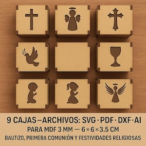 May include: Nine small, square, light brown boxes with dark brown trim. Each box features a cutout design, including crosses, angels, a dove, a chalice, and praying figures. Text at the bottom reads "9 CAJAS - ARCHIVOS: SVG PDF DXF AI PARA MDF 3 MM - 6x6x3.5 CM".