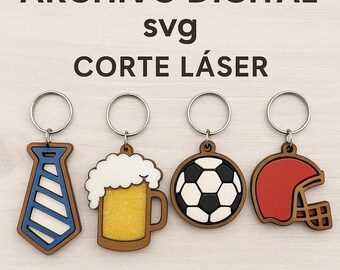 Father’s Day Keychain Bundle | Digital File SVG DXF AI pdf | Laser Cut Shaker Keychains Beer Mug, Tie, Soccer Ball & Helmet |