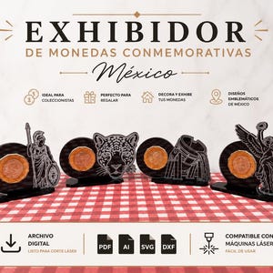 May include: Four black acrylic coin display stands featuring laser-cut designs of a warrior, a jaguar, a structure, and a winged figure. Each stand holds a circular commemorative coin. The text reads EXHIBIDOR DE MONEDAS CONMEMORATIVAS México.