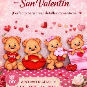 Könnte beinhalten: Eine digitale Datei zum Valentinstag mit vier Teddybären mit Herzen und einer rosa Geschenkbox. Die Bären halten ein Herz mit "LOVE", eine rote Lippe, einen Cupcake und ein Geschenk. Der Text ist auf Spanisch.