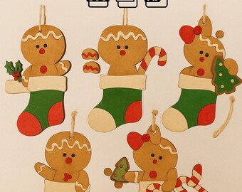 Archivos DXF Galletas de Jengibre en Calcetines Navideños | Adornos en MDF para Árbol y Guirnalda | Archivo Láser Navidad