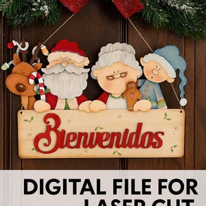 Puede incluir: Un letrero navideño de madera con Papá Noel, Mamá Noel, un reno y un elfo. El letrero dice "Bienvenidos" en letras rojas. La imagen incluye texto: "ARCHIVO DIGITAL PARA CORTE LÁSER SVG • DXF • AI • PDF".
