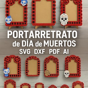 May include: Red wooden picture frames with decorative cutouts and Day of the Dead skull and cat accents. The frames have a natural wood-colored center and are displayed on a light wood-grain surface. Text on the image reads "PORTARRETRATO de DÍA de MUERTOS SVG DXF PDF AI".