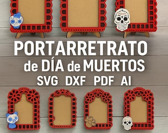 Archivo de corte láser Día de Muertos – Set 6 marcos fotográficos (6 grandes 20 cm para 10×15 y 6 chicos infantil) – SVG DXF PDF ai