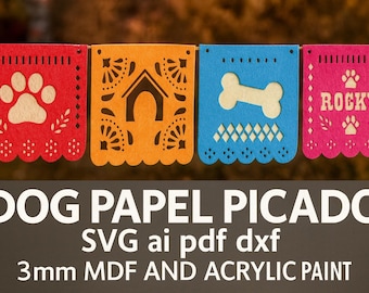 Papel picado de perros personalizable | Dog papel picado customizable | Archivo digital corte láser MDF 3mm SVG DXF ai pdf