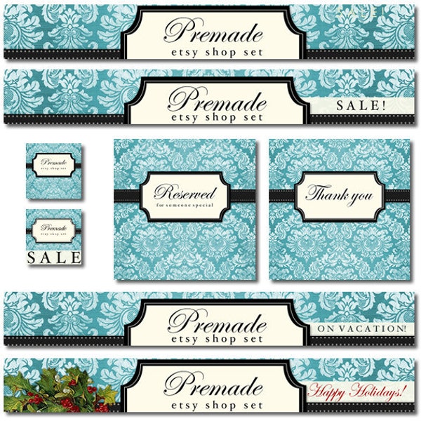 Premade Etsy Shop Set, Etsy Banners, Avatar, Banners Vintage Aqua Damask Black Cream Free Holiday Banner