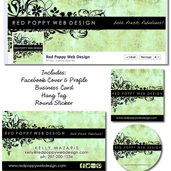 Premade Etsy Business Set, Premade Store Banners, Business Card, Hang Tag, Sticker, Facebook Avatar, Graphics Green Black Floral Grunge