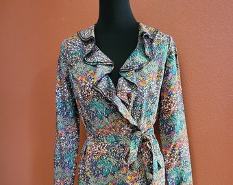 Wikkeljurk met bloemen en ruches van Jane Andre, vintage US S/M