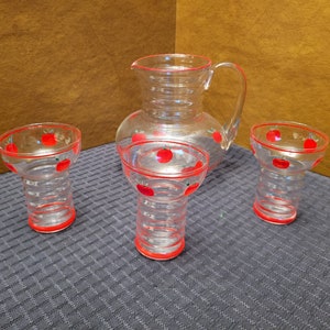 Vintage Dunbar Clear Glass Pitcher & 3 Glasses with Apple Pattern