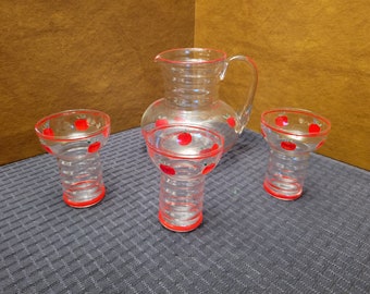Vintage Dunbar Helder Glas Kruik & 3 Glazen met Appel patroon