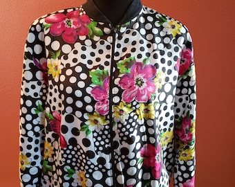 Vintage bomberjack met bloemen uit de jaren 90 met stippen, VS 10-14