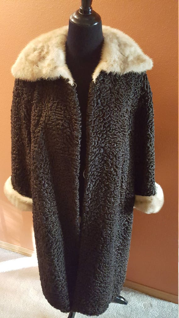 Stunning 1960/'s Brown Curly Lamb Coat with Fur Trim