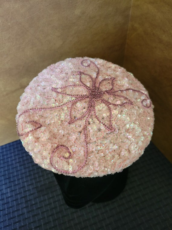 1960's Vintage Baby Pink Sparkly Sequin Hat by 'St