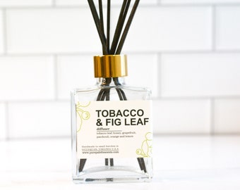 Tobacco Fig Leaf Fragrance Room Diffuser Oil Square Vase, Black Dyed Reeds Set - FREE SHIPPING