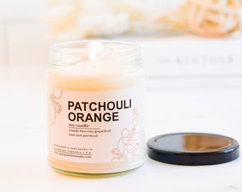 Patchouli Orange Soy Candle with Essential Oil Natural Fragrance Black Metal Lid