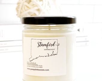 Name Your Own City in Connecticut State Soy Candle in Glass Jar with Black Lid