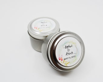 Wedding Favor Silver Tin Soy Candles Personalized water color Label 55