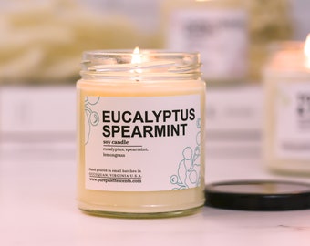 Eucalyptus Spearmint Soy Candle with Essential Oil Natural Fragrance Black Metal Lid