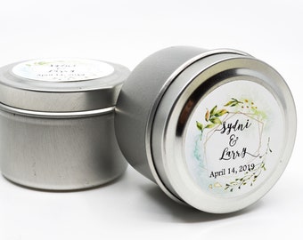 Bulk Wedding Favor Silver Tin Soy Candles Personalized Label 150 to 195 Candle Tins