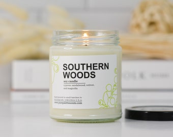 Southern Woods Soy Candle with Black Metal Lid