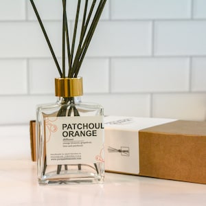 Patchouli Orange Fragrance Room Diffuser Oil Square Vase, Black Dyed Reeds Set