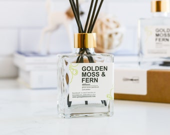 Golden Moss & Fern Fragrance Room Diffuser Oil Square Vase, Black Dyed Reeds Set