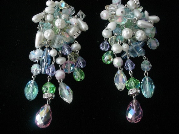 80's Vintage Cascading Crystal Earrings Unique - image 1