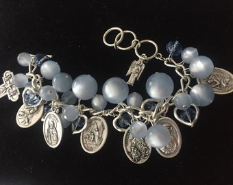 Saints Medals Charm Religious Catholic Heart Blue Moonglow Bracelet