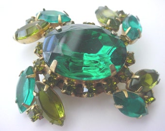 Vintage Rhinestone Emerald and Sage Green Brooch Pin