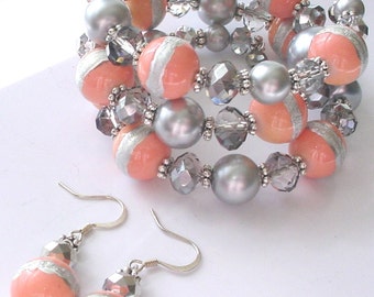 Artisan Peach Silver Wrap Bracelet and Earrings Set