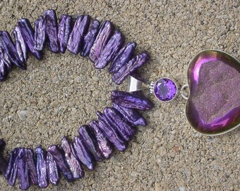Heart Druzy Pendant on Purple Biwa Pearl Necklace