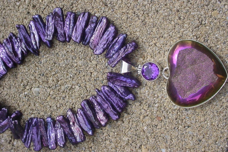 Heart Druzy Pendant on Purple Biwa popular Pearl Necklace