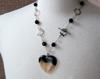 Black and Yellow Agate Heart Necklace-Honeycomb-Faceted Black Agate, Citrine, Hammered Hexagon, Bee Toggle