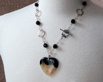 Black and Yellow Agate Heart Necklace, Honeycomb Bee Toggle