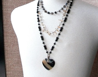 Boho Black Agate Heart Layered Necklace, Citrine and Brass