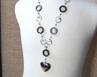 Long Agate Heart Necklace, Citrine Discs, Silver and Gold