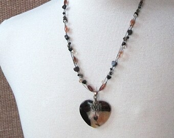 Black and Yellow Agate Heart Necklace-Bees and Flowers-Mahogany Obsidian, Citrine, Gold Flowers, Multi Strand