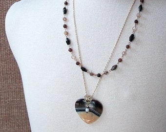 Black Agate Striped Heart Necklace-Bee Fancy-Black Agate Double Layer on Gold Necklace