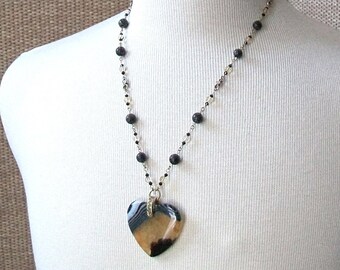 Etched Agate Heart Necklace, Bumble Bee Style, Citrine & Swarovski Crystals
