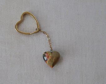 Sky Eye Jasper Gemstone Heart Keychain on Gold Key Ring