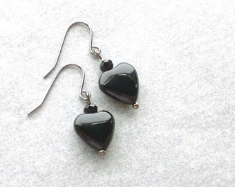 Onyx Heart Gemstone Earrings- Sweet-n-Simple 118, Basic Black