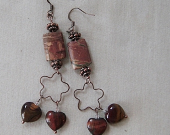 Picasso Jasper Earrings with Red Tiger's Eye and Mookdaite on Copper, Burgundy, Yellow, Dark Red, Copper