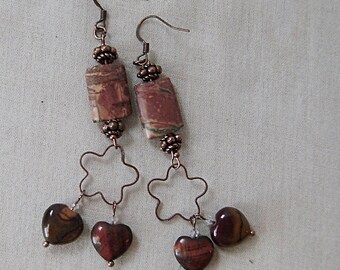 Picasso Jasper Dangle Earrings, Red Tiger's Eye, Mookaite Hearts