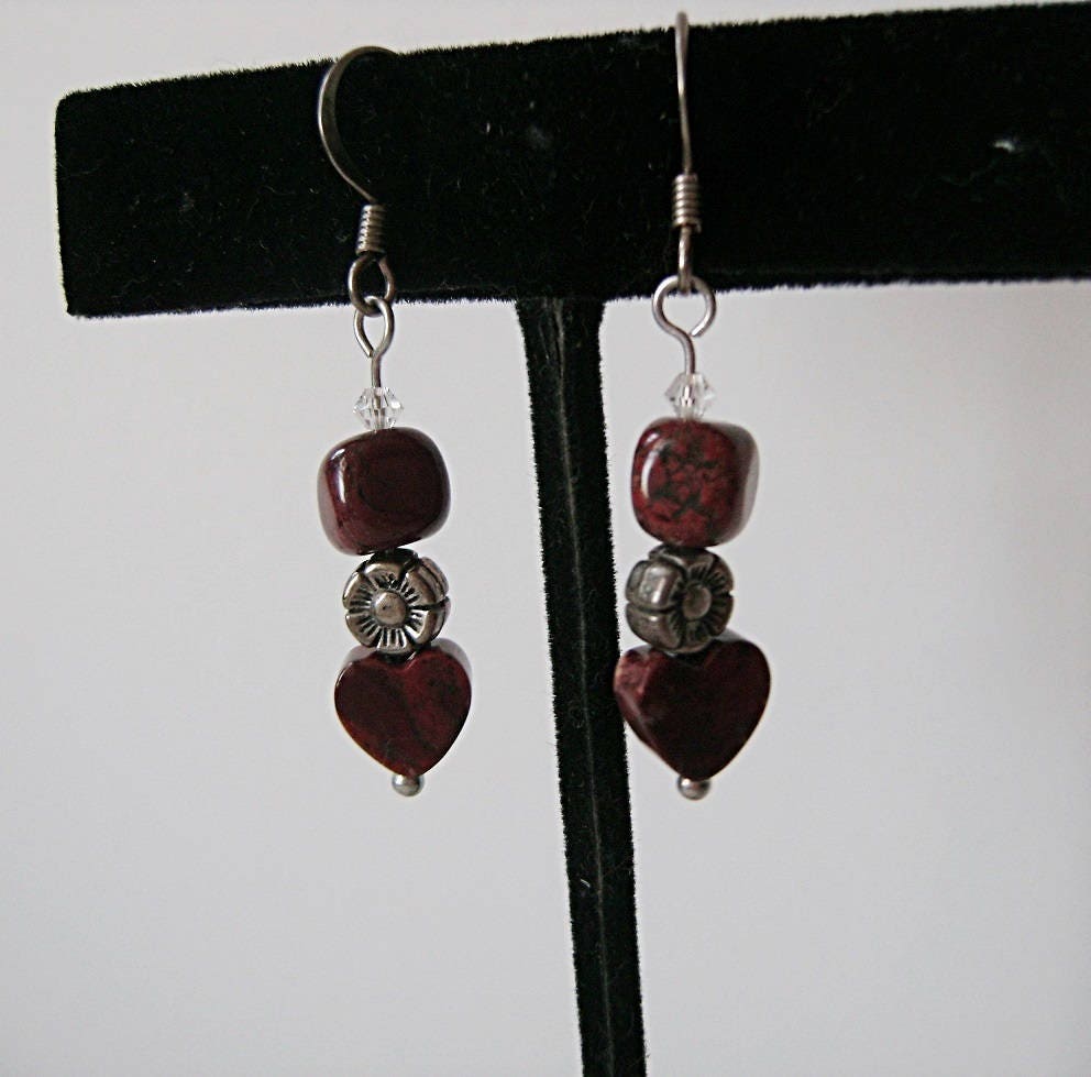 Poppy Jasper Gemstone Heart Earrings on Silver Dark Red - Etsy