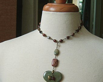 Green Australian Agate Heart Necklace with Red Tiger's Eye and Fancy Jasper Choker on Brass, Green, Red, Brass