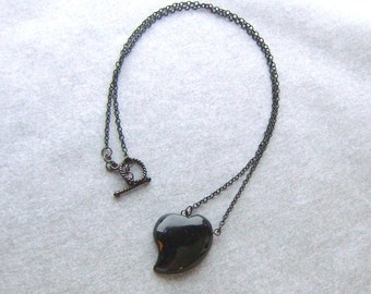 Black Agate Heart Necklace -Basic Black No. 3- Sloping Heart on Blackened Brass 20 inch Necklace