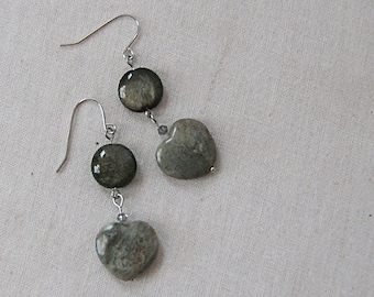 Ocean Jasper Gemstone Heart Earrings with Golden Obsidian Coins on Silver, Gray, Black, Silver