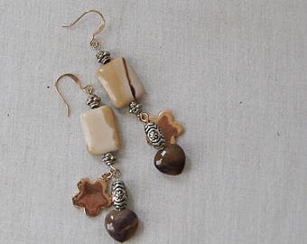 Yellow and Cream Mookaite Jasper Heart Gemstone Earrings on Gold, Yellow, Burgundy, Gold